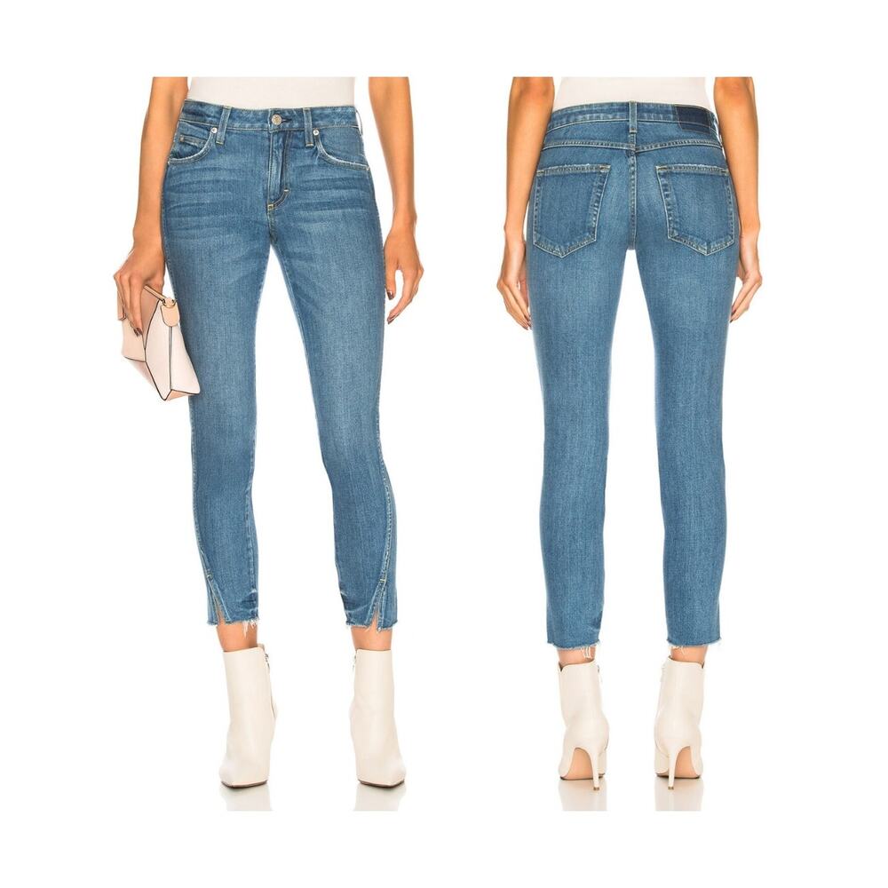 AMO Twist with Fray Blue Jay Cropped Raw Hem High Rise Everyday Classic Jeans